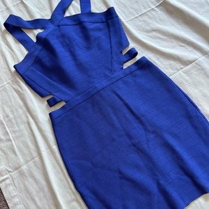 Max Azria Blue bodycon bandage cutout dress cocktail stretch mini L BCBG Herve